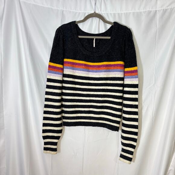 Free People Complete Me Striped Sweater Black Rainbow Stripes Size M - Picture 2 of 6